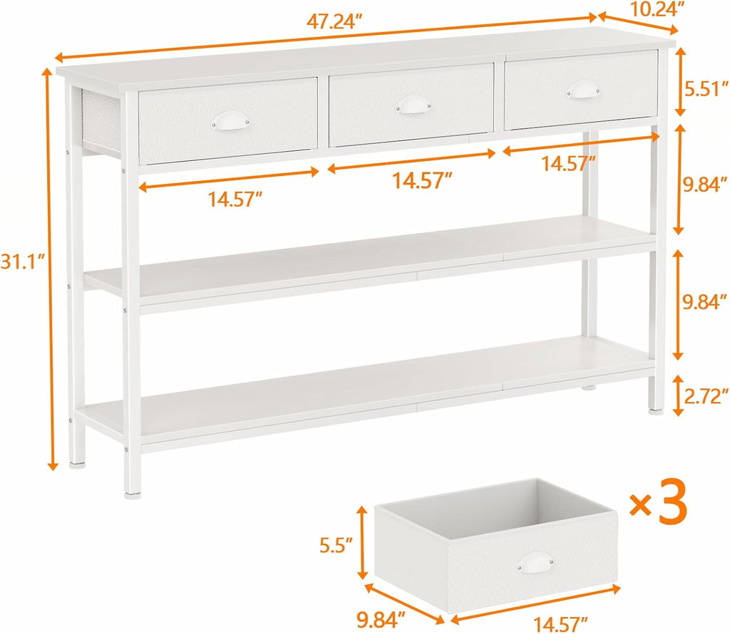 47" console table Set of 2 with 3 Drawers, Sofa Table for Behind Couch | Industrial Hallway Table with Open Wooden Shelves for Hallway, Entry Way, Living Room, Kitchen, Foyer, White