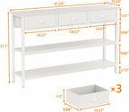 47" console table Set of 2 with 3 Drawers, Sofa Table for Behind Couch | Industrial Hallway Table with Open Wooden Shelves for Hallway, Entry Way, Living Room, Kitchen, Foyer, White