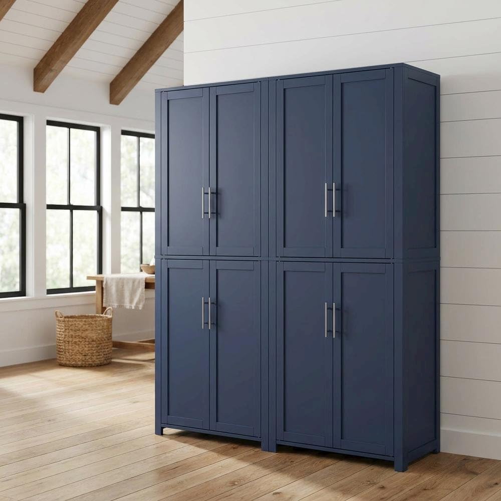 Furnifact Blue Pantry Cabinets Two-Piece Storage Set with Anti-Tip Mechanism and Floor Clearance, Durable Construction, Ideal for Organized Kitchen Storage