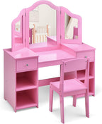 INFANS Kids Vanity, 2 in 1 Princess Makeup Desk and Chair Set with Drawers Tri-Folding Detachable Mirror Large Storage Shelves, Wooden Dressing Table, Pretend Play Vanity Set for Toddler Girls