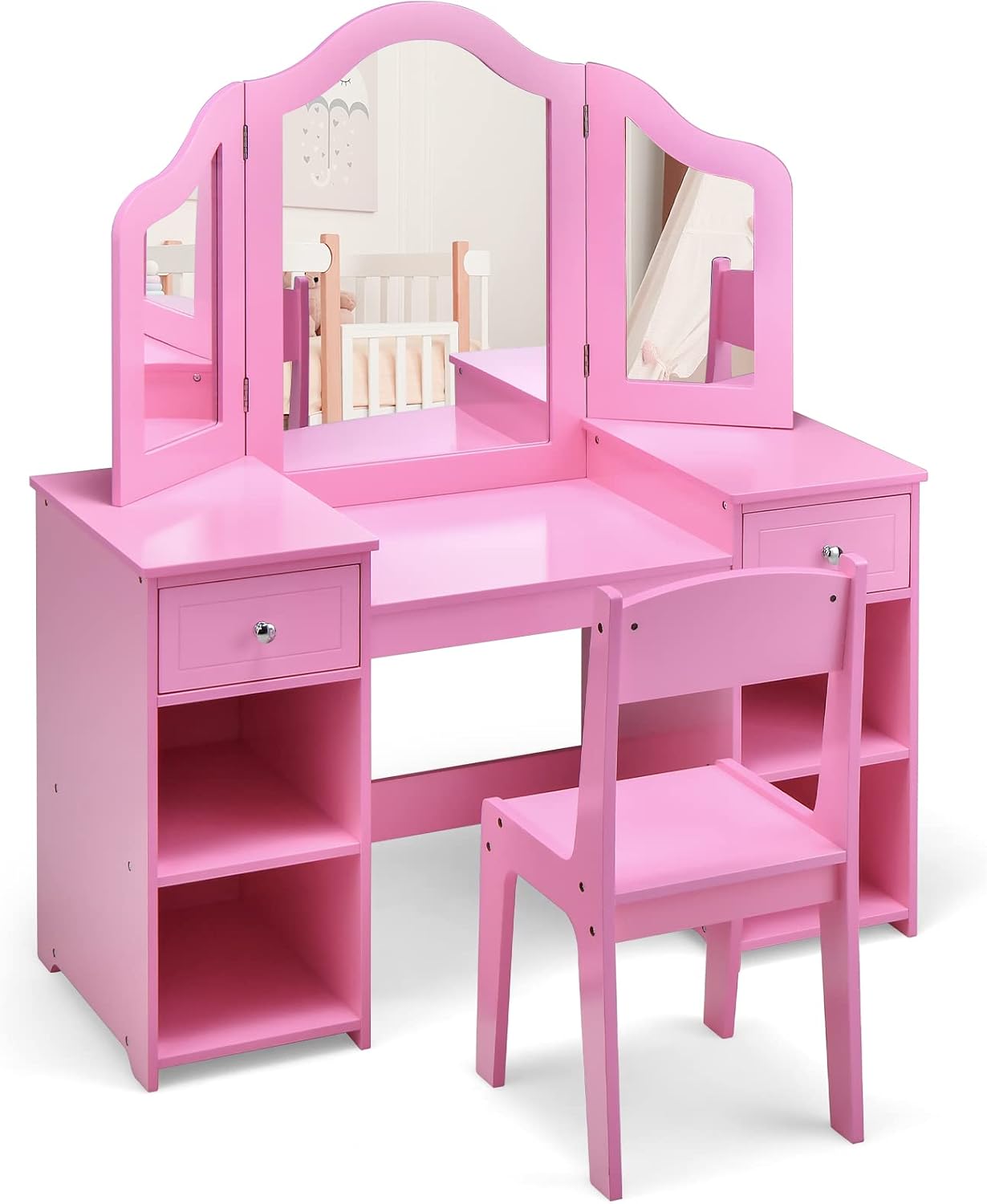INFANS Kids Vanity, 2 in 1 Princess Makeup Desk and Chair Set with Drawers Tri-Folding Detachable Mirror Large Storage Shelves, Wooden Dressing Table, Pretend Play Vanity Set for Toddler Girls