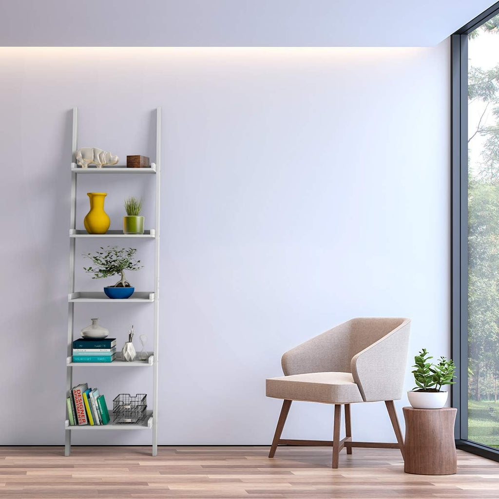 Tangkula Ladder Shelf, 5-Tier Multifunctional Modern Wood Plant Flower Book Display Shelf, Home Office Storage Rack Leaning Ladder Wall Shelf (White, 1)