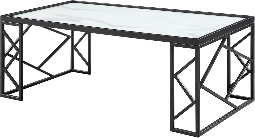 3pc Tables Set with Tempered Glass Top and Black Metal Frame | Includes 3-piece set with white marble-print tempered glass tops