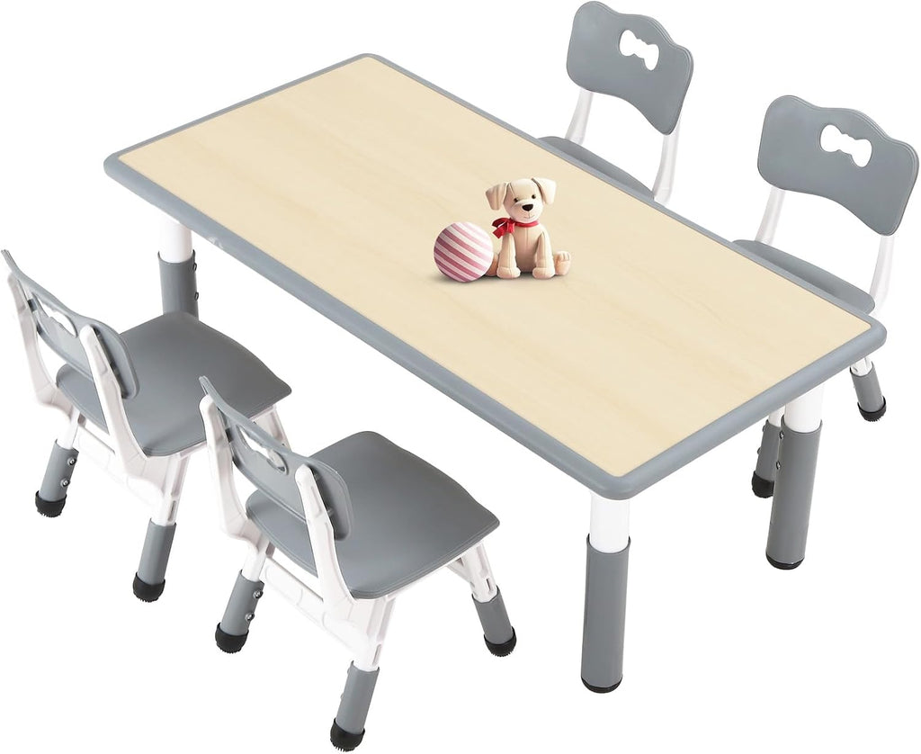 FUNLIO Kids Table and 4 Chairs Set and Adjustable Kids Chair (2pcs)，Easy to Wipe Arts & Crafts Table, for Classrooms/Daycares/Homes, CPC & CE Approved (5-Piece Set) - Gray