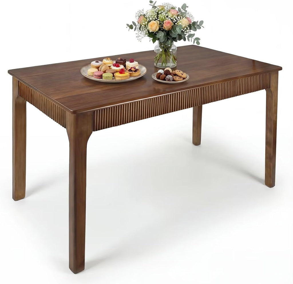 55" Solid Wood Dining Room Table for 4-6,Modern Farmhouse Rectangular Kitchen Real Wooden Table,Mid Century Fluted Design Large Furniture Desk for Home,Apartment,Living Room Walnut