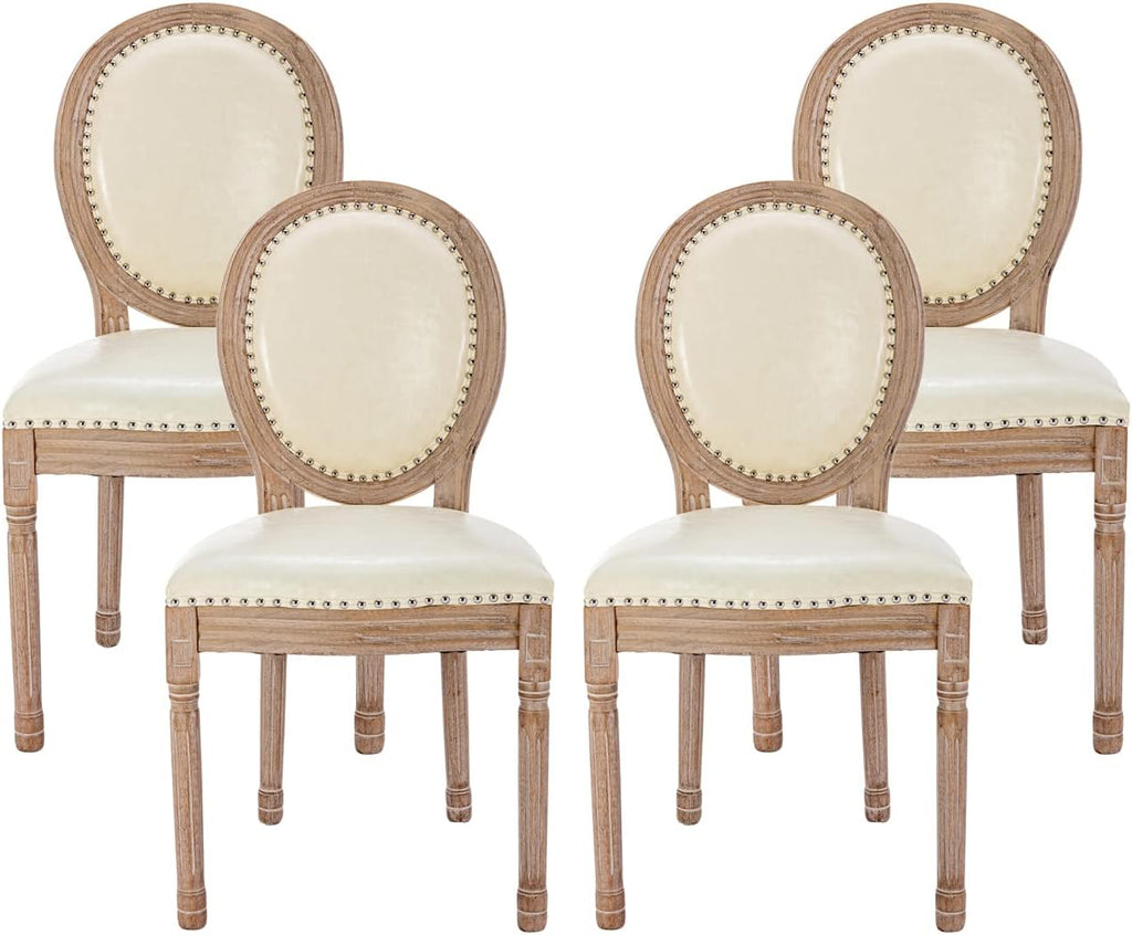 Nrizc French Country Dining Chairs Set of 4, Leather Farmhouse Dining Room Chairs with Round Back, Solid Wood Legs, Oval Side Chairs for Kitchen, Bedroom, Dining Room