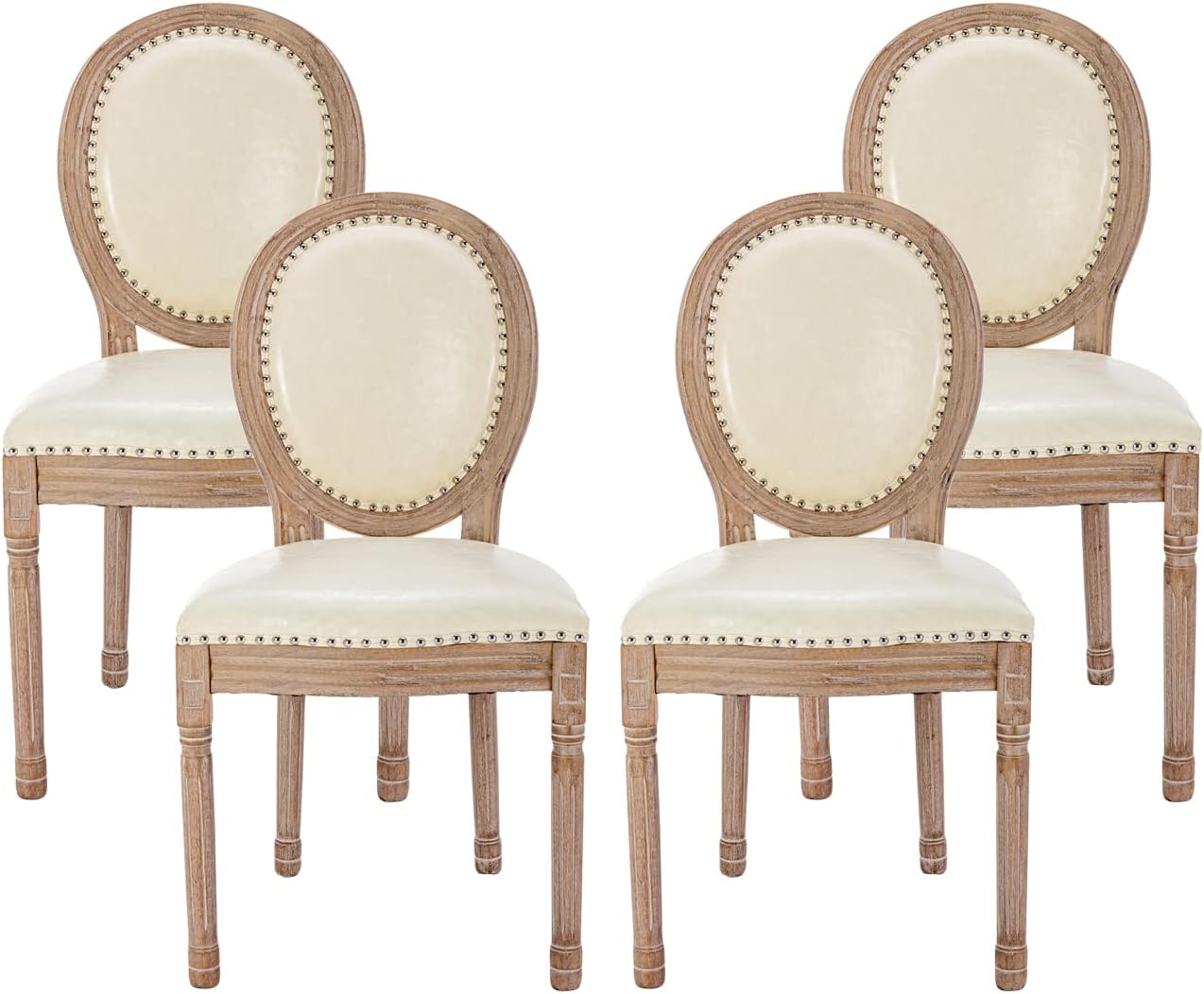 Nrizc French Country Dining Chairs Set of 4, Leather Farmhouse Dining Room Chairs with Round Back, Solid Wood Legs, Oval Side Chairs for Kitchen, Bedroom, Dining Room