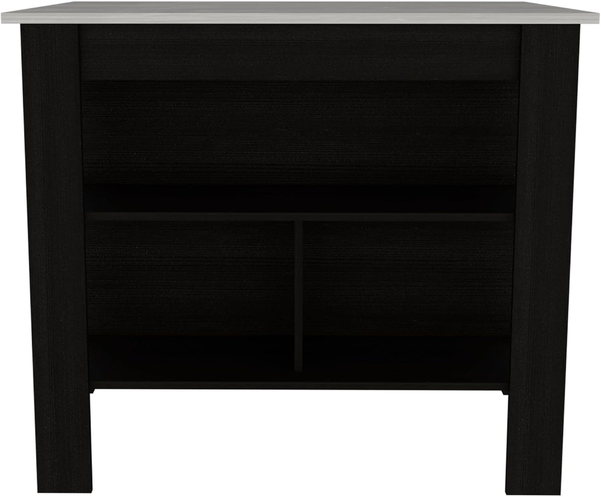 Kitchen Island with Four Legs and Three Shelves - Black/Ibiza Marble | Three shelves and four legs for extra storage and stability