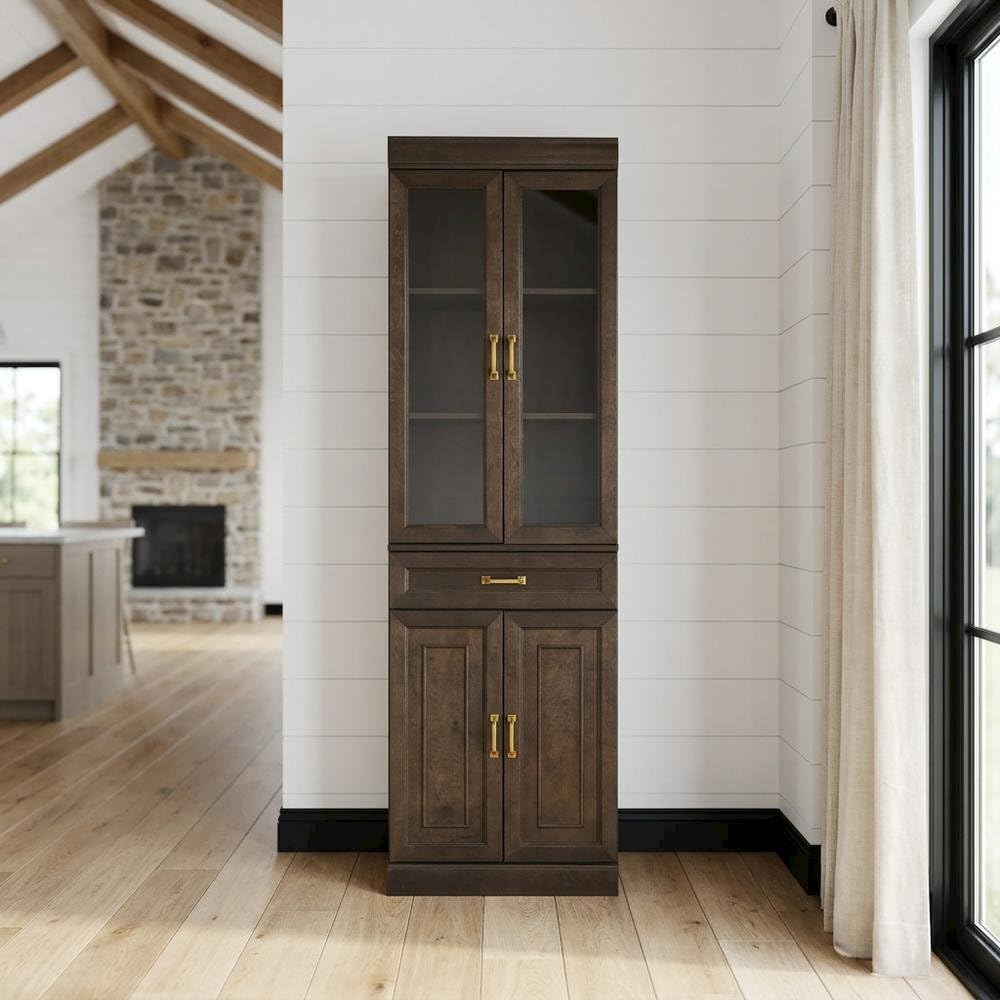 Furnifact Brown Glass Door Pantry Cabinet, Durable Construction, Anti-Tip, Secure Storage, Sleek Design, Kitchen Organization, Spacious, Easy Access