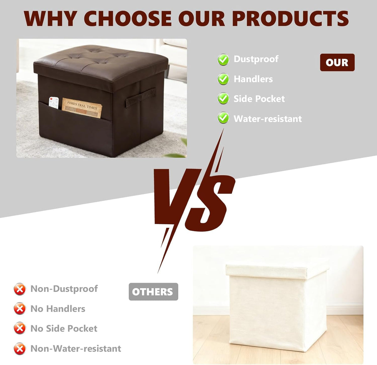 ALASDO Storage Ottoman Footrest Stool Small Ottoman with Storage Foldable Ottomans Foot Rest Footstool Bench for Living Room 17x13x13inches Brown