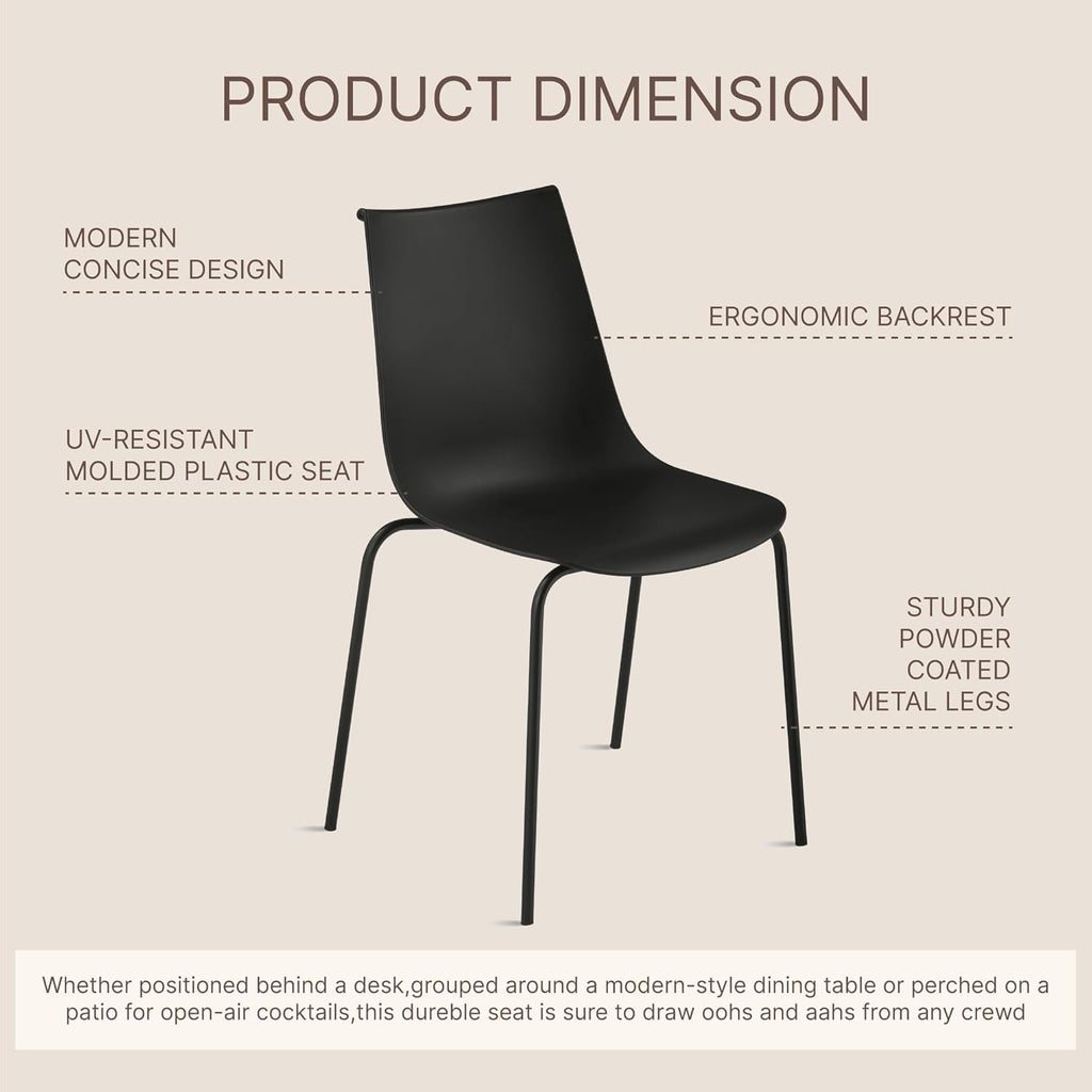 KISLOT Dining Chairs Set of 4, Plastic Outdoor Dining Room Chairs with Metal Legs, PP Anti-UV Stackable Patio Chairs with Ergonomic Back & Curved Seat for Kitchen Swimming Pool, Easy Assembly, Black