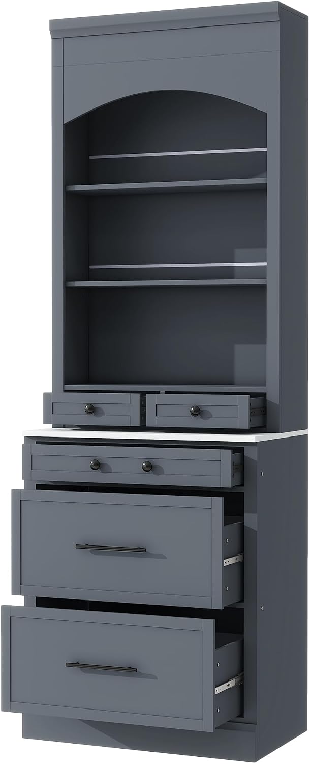 83.7inch High Kitchen Pantry, Wood Freestanding Tall Kitchen Hutch with 5 Storage Drawers and Adjustable Shelf, Display Cupboard Cabinet with Faux Marble Top for Dining Room, Set of 2 (2, Gray-TA1)