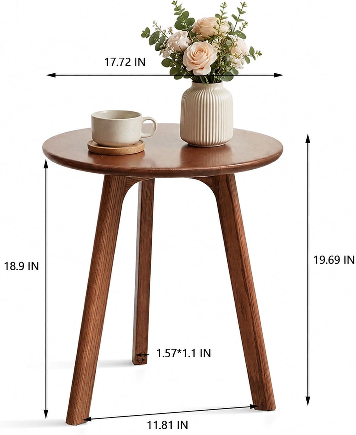 Walnut Small Round Side Table, Solid Oak Wood End Table with 3-Leg Design for Living Room, Bedroom & Office – Walnut Finish, Space-Saving Accent Table