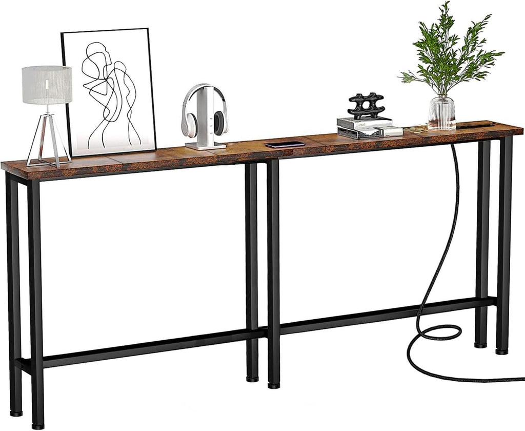 Keelian 78" Narrow Console Sofa Table with Power Outlets & 2 USB Ports | Metal Frame, Perfect for Hallway, Office, and Behind Couch Table - Easy Assembly, 4.9" Extension Cord Included
