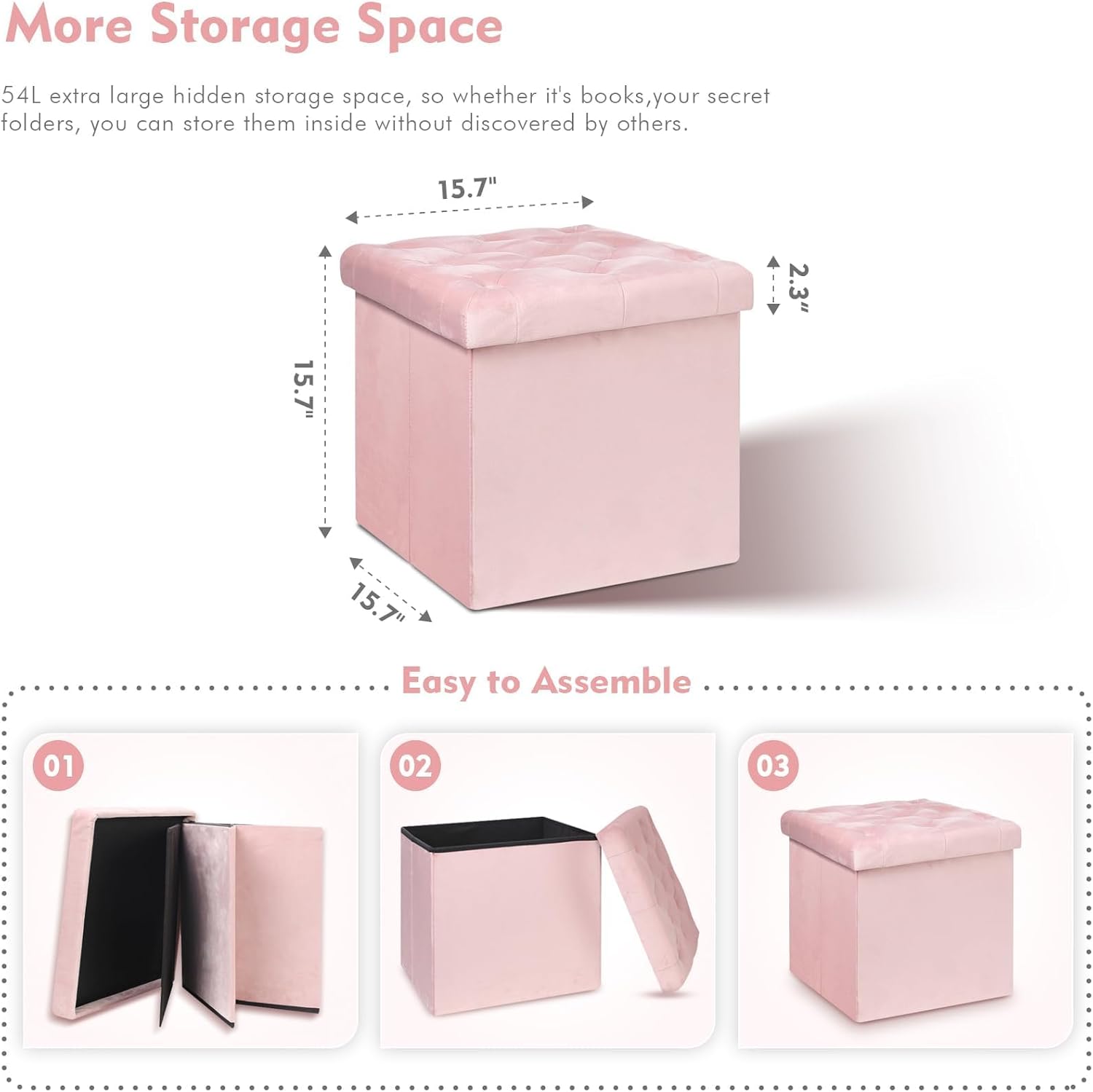 B FSOBEIIALEO Storage Ottoman Cube, Velvet Tufted Folding Ottomans with Lid, Footstool Rest Padded Seat for Bedroom (Pink, Medium)