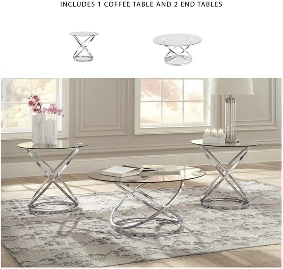 BOWERY HILL Modern 3-Piece Coffee Table Set, Glass Top with Chrome Metal Rings, Includes 1 Coffee Table and 2 End Tables, Adjustable Levelers, Tempered Glass, Contemporary Living Room Furniture