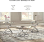 BOWERY HILL Modern 3-Piece Coffee Table Set, Glass Top with Chrome Metal Rings, Includes 1 Coffee Table and 2 End Tables, Adjustable Levelers, Tempered Glass, Contemporary Living Room Furniture