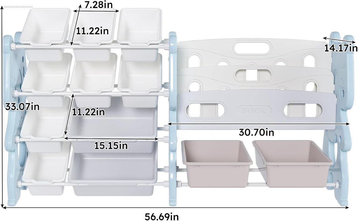 Runboll Kids Toy Storage Organizer with 2 Tier Bookshelf and 12 Bins, Multi-Purpose Children's Toy Shelf Organizer with Bins for Playroom, Bedroom, Nursery, Living Room