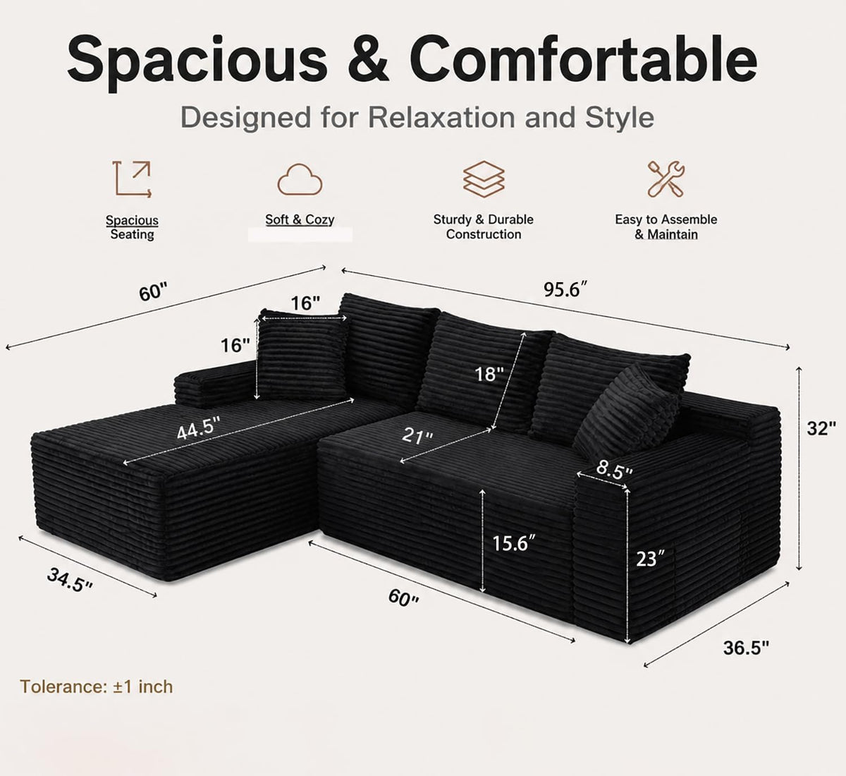 96" Cloud Sectional Couches with Chaise for Living Room