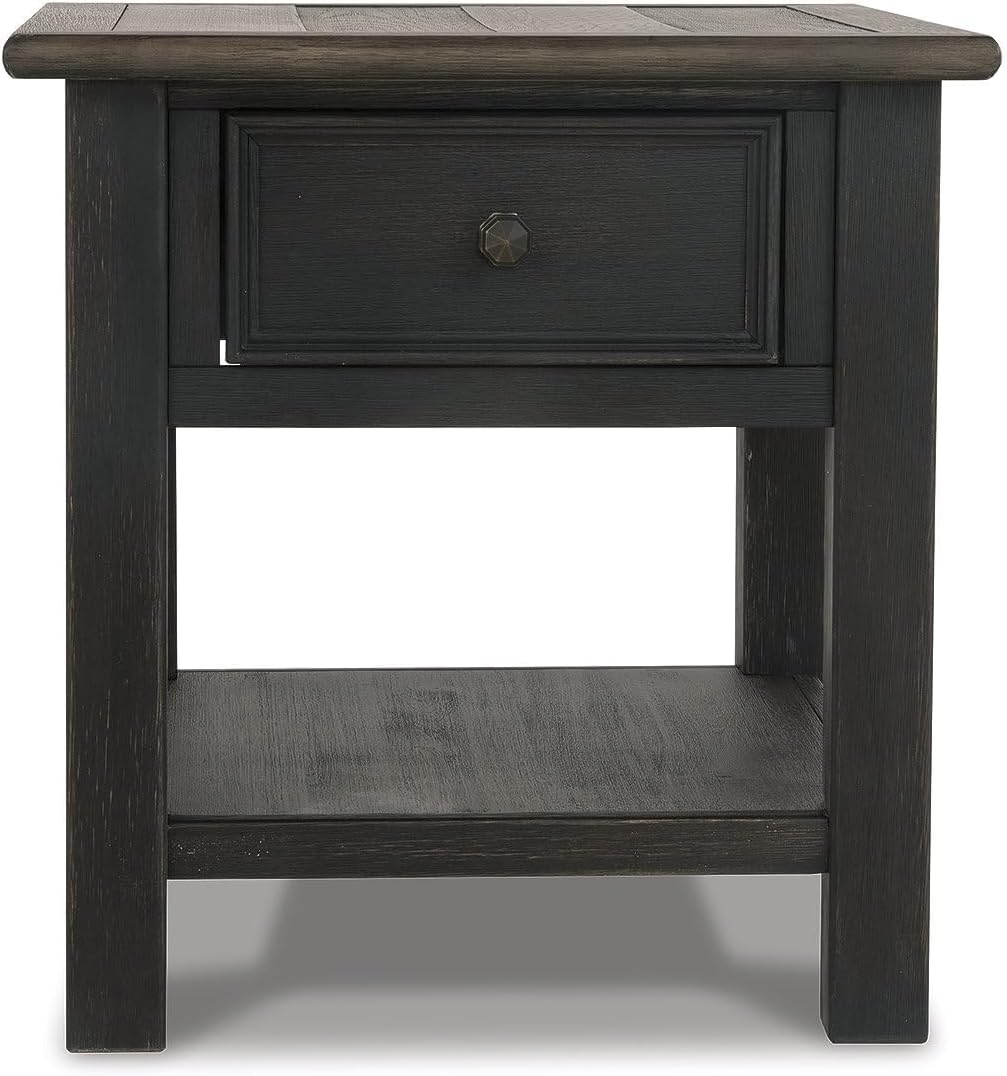 BOWERY HILL Contemporary Wood End Table, Grayish Brown and Black Finish, 1 Drawer and Bottom Shelf, Dark Bronze-Tone Hardware, 25.13" H x 24" W x 27" D, Shabby Chic Living Room Accent