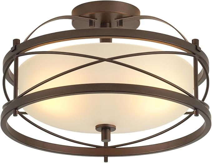 Entryway Drum Light Fixtures, Semi-Flush Mount Rustic Ceiling Light for Hallway Living Room Bedroom Kitchen (Old Bronze Finished)