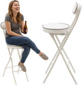 Folding Bar Stool with Backrest Set of 2, White Modern Foldable Counter Tall Chairs with PU Cushion, Portable Steel Frame 25.6" Height Stools for Kitchen Island Cafe