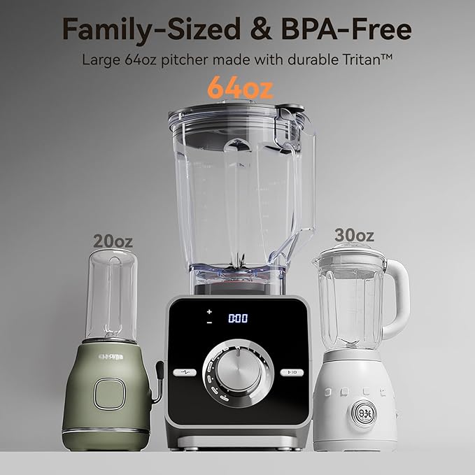 Home Blender, 1400W High-Speed Blender for Ice Crushing Power, Stainless Steel Blades, Kitchen Timer, 10 Speeds, 6 Programs for Smoothies, Frozen Drinks, Self-Cleaning, 64oz Bulk Production