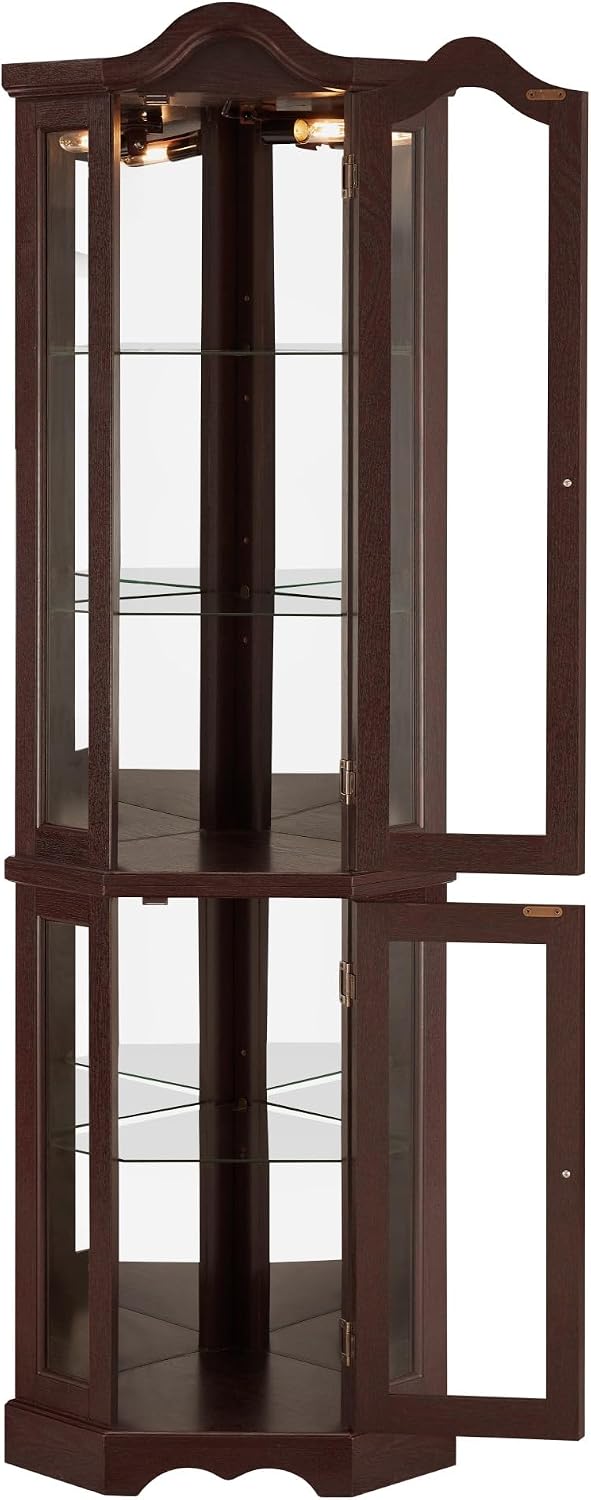 70" Lighted Corner Curio Cabinet,Inside Mirror Corner Glass Display Case with Tempered Glass Door for Living Room, Antique Collectibles, Wine & Bar Glass Storage, Lights Included