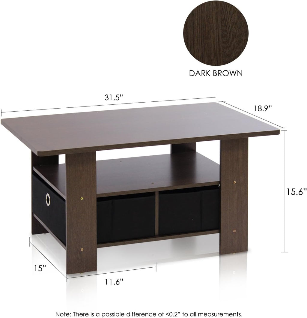 Furinno Andrey Coffee Table, Small Modern Center Table with Storage and Bin Drawer, Side Table for Living Room, Bedroom, Home Office, Dark Brown