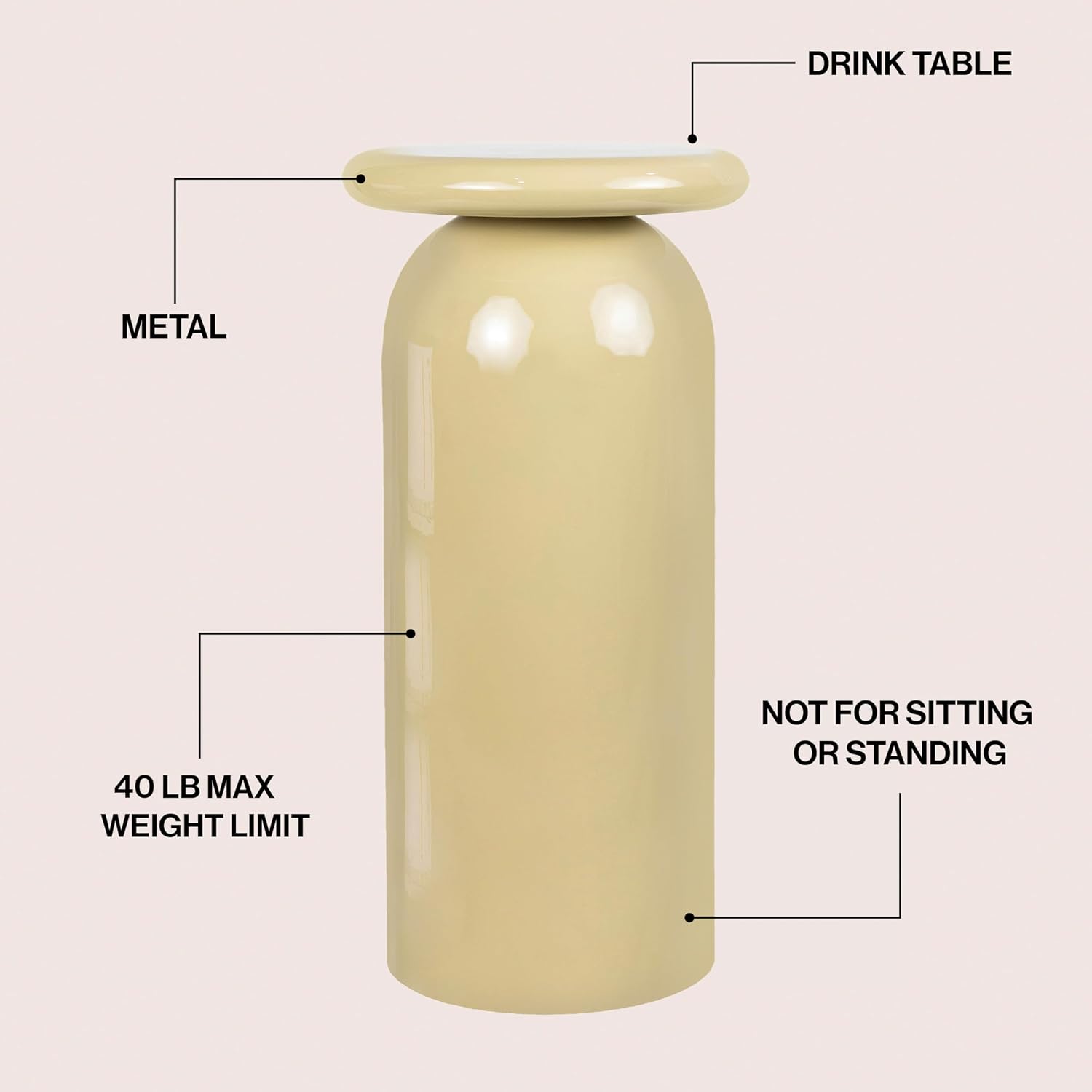 JONATHAN Y Miles Modern 22.75" Glossy Almond Metal Round Drink Table with Cylinder Mushroom Pedestal, Small Accent Side Table for Living Room and Bedroom, Minimalist Martini Cocktail Table END1008C