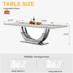 94.5" Large Dining Table for 10-12 People, Modern White Rectangle Kitchen Dinner Table w/Faux Marble Top&Silver Steel U-Base, Extral Long Dining Room Tables for Kitchen Living Room