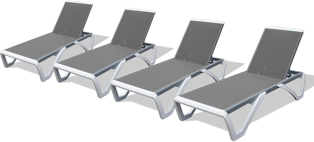Domi Outdoor Lounge Chairs Set of 4, Aluminum Chaise Lounge Chairs for Outside with 5 Position Adjustable Backrest, Stackable Patio Lounge Chair with Wheels for Beach, Yard, Balcony, Poolside, Grey
