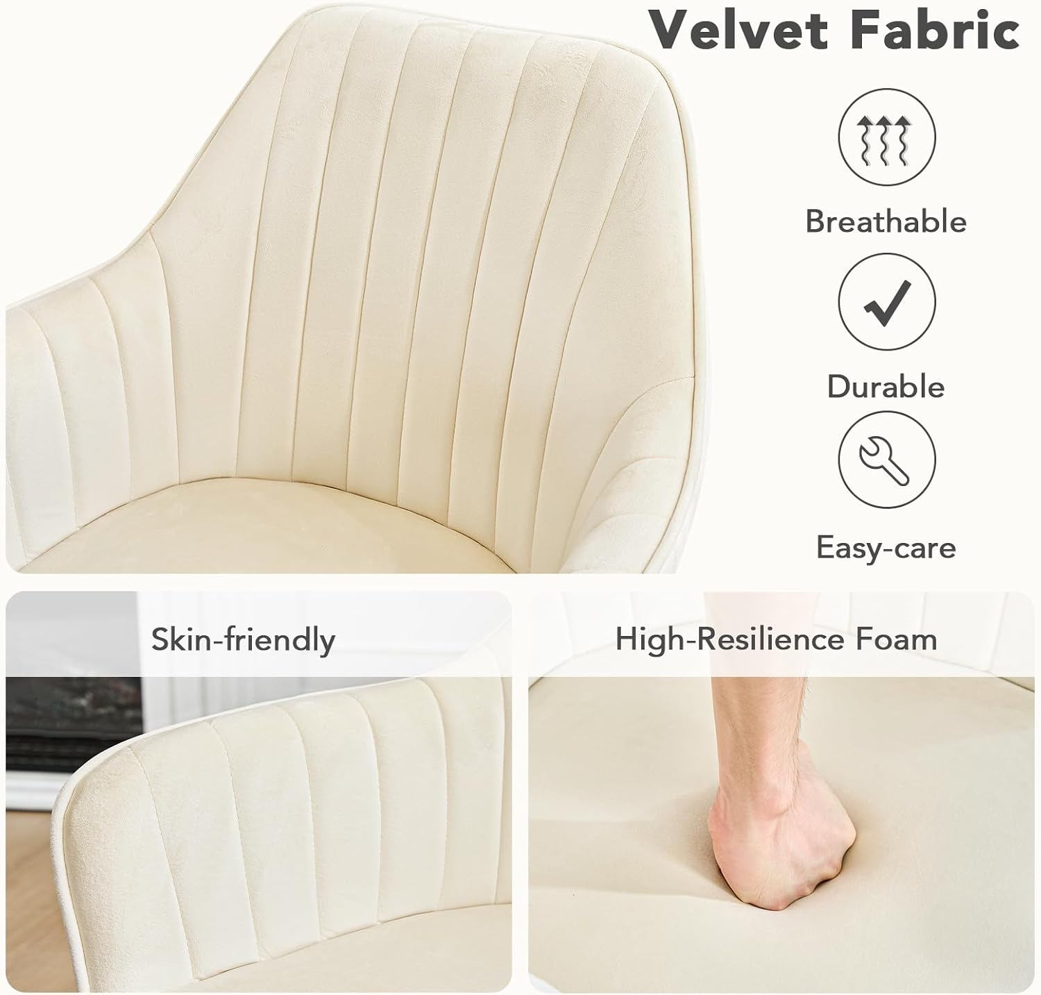 Furniliving Swivel Dining Chairs Set of 2, 360° Swivel Dining Room Chairs with Mental Legs, Mid Century Modern Kitchen Dining Room Chairs with Arms & Thickened Cushions for Kitchen, Velvet, Beige
