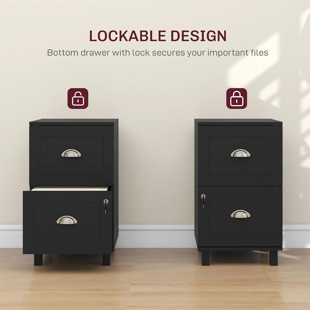 HOMCOM Vertical Filing Cabinet with 2 Drawers Lockable File Cabinet Black | Adjustable Hanging Bars, for A4 and Letter, for Home Office