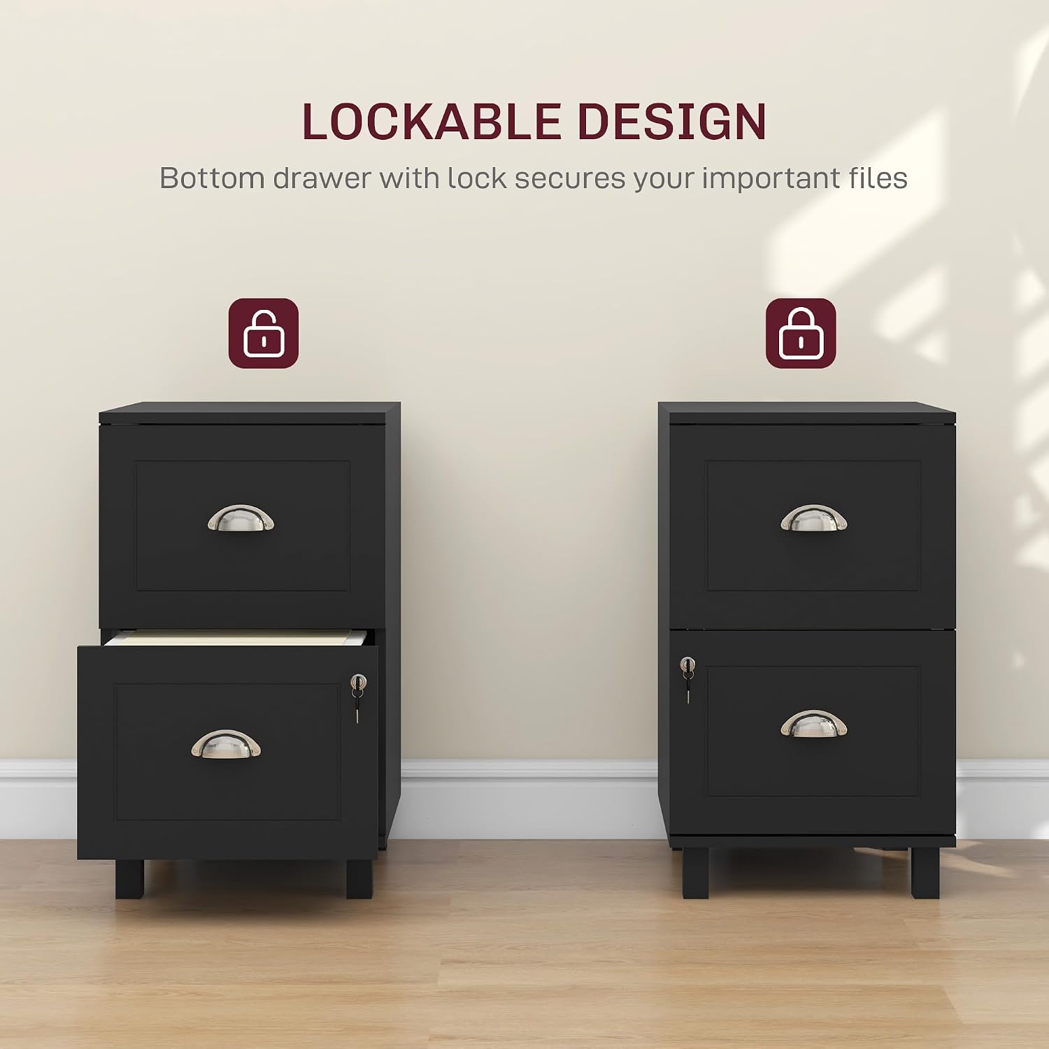 HOMCOM Vertical Filing Cabinet with 2 Drawers Lockable File Cabinet Black | Adjustable Hanging Bars, for A4 and Letter, for Home Office