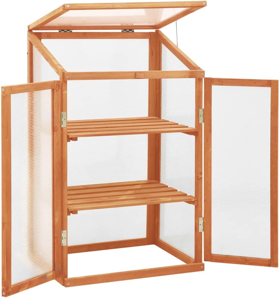 Wooden Garden Greenhouse，Wood Raised Plants Bed Raised Flower Planter Box, Garden Wood Cold Frame Greenhouse Flower Planter, Brown 23.6"x17.7"x39.4" Firwood,-680