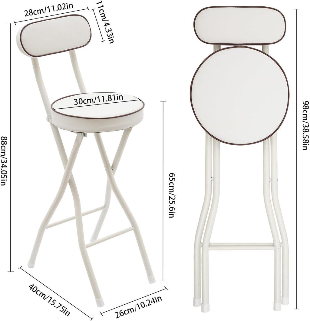 Set of 2-Folding Bar Stool Chair with Back, White Tall Foldable Chair Leather Padded Counter Height Collapsible Stool for Adults Kitchen Island Guitar Shop Cafe