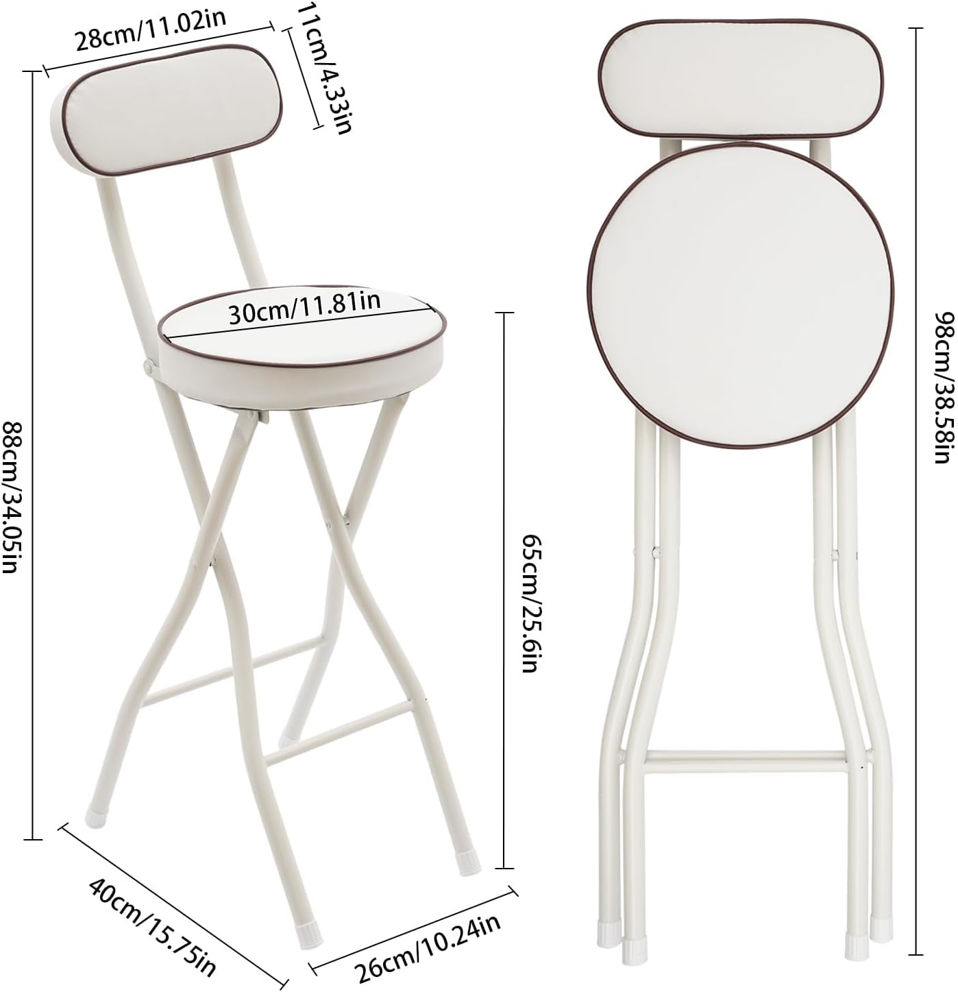 Set of 2-Folding Bar Stool Chair with Back, White Tall Foldable Chair Leather Padded Counter Height Collapsible Stool for Adults Kitchen Island Guitar Shop Cafe