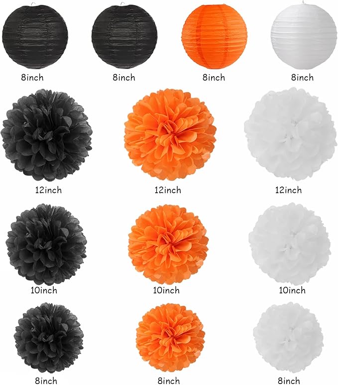 Orange-Black White Party-Decorations Paper-Flowers Lanterns - 20PCS Halloween Tissue Pom Poms Streamers Fans Honeycomb, Vintage Baby Shower Birthday Retro Bachelorette Hanging Supplies Decor Burgleda
