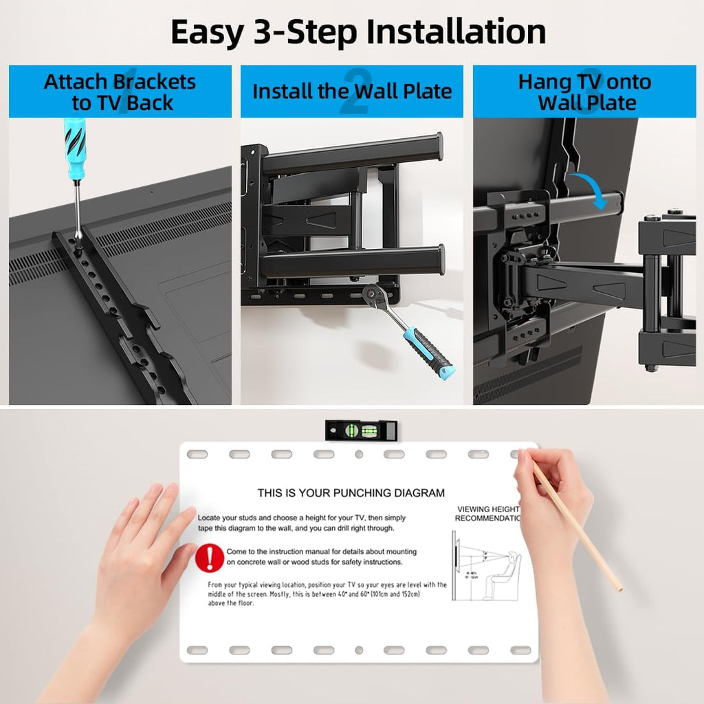 HOME VISION Full Motion TV Wall Mount for 32-85 inch TVs up to 132lbs | Max VESA 600x400mm, Fits 8”/ 12” /16” Wood Studs, TV Mount Wall Bracket with Dual Articulating Arms, Swivel, Tilt