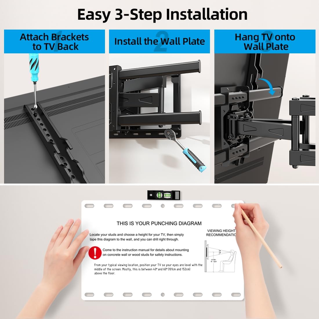 HOME VISION Full Motion TV Wall Mount for 32-85 inch TVs up to 132lbs | Max VESA 600x400mm, Fits 8”/ 12” /16” Wood Studs, TV Mount Wall Bracket with Dual Articulating Arms, Swivel, Tilt