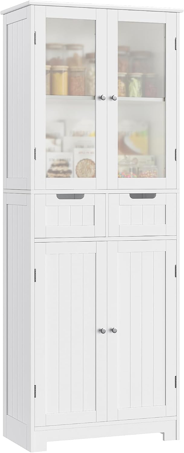 HOSTACK 64" Tall Storage Cabinet, Kitchen Pantry with Drawers, Modern Bathroom Cabinet with Shelves and Glass Doors, Free Standing Linen Storage Cupboard for Dining Room, White