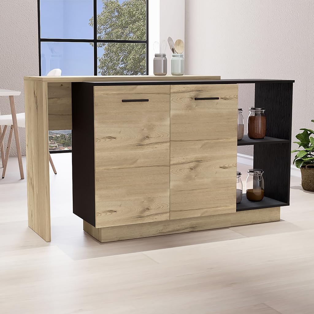 Kitchen Island with Double Doors and Three Shelves in Black | Includes two external shelves and three interior shelves for storage