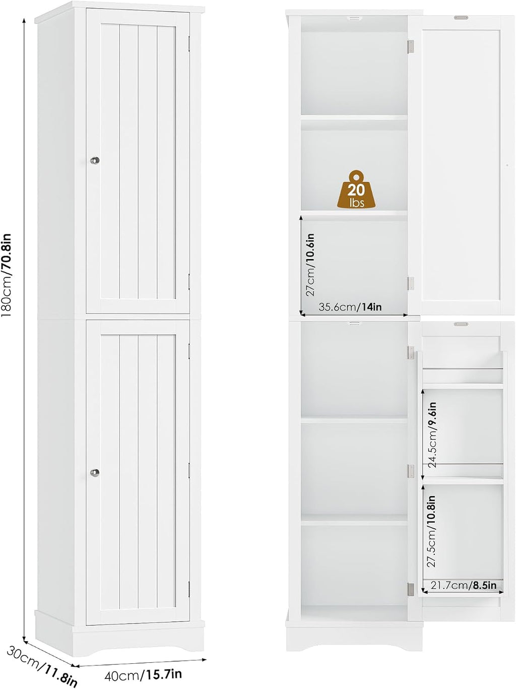 HIFIT 2 Set 71" Tall Narrow Storage Cabinet with 2 Reversible Doors, Small Kitchen Pantry Cabinet with Adjustable Shelves & Spice Rack, Slim Storage Cabinets for Bathroom, Living Room, Entryway, White