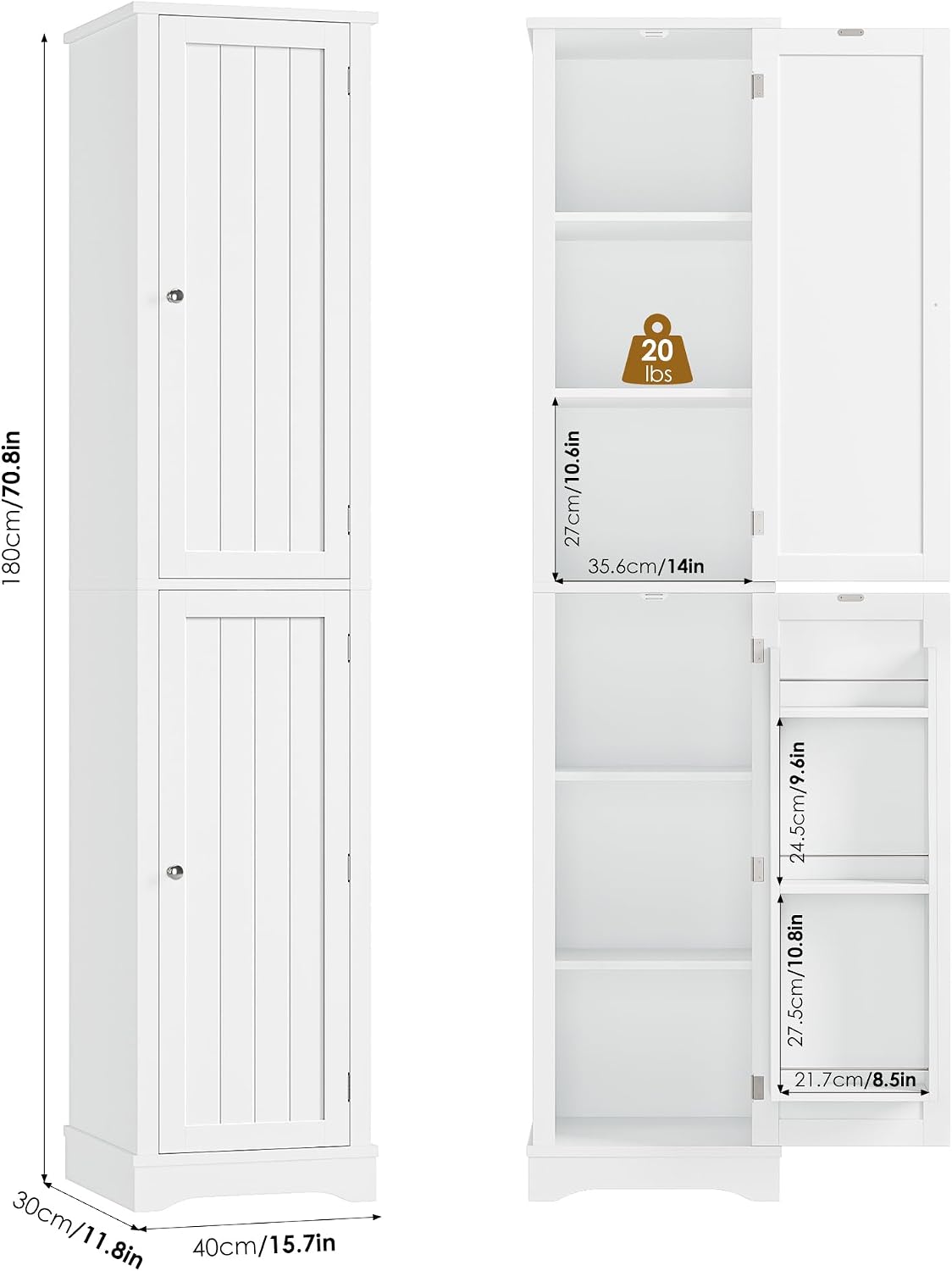 HIFIT 2 Set 71" Tall Narrow Storage Cabinet with 2 Reversible Doors, Small Kitchen Pantry Cabinet with Adjustable Shelves & Spice Rack, Slim Storage Cabinets for Bathroom, Living Room, Entryway, White