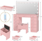 VOWNER Vanity with Lighted Mirror - Makeup Vanity Desk with Lights | Women Vanity with 11 Drawers, 3 Color Lighting Modes Adjustable Brightness, 46" Makeup Desk with Stool for Bedroom, Pink