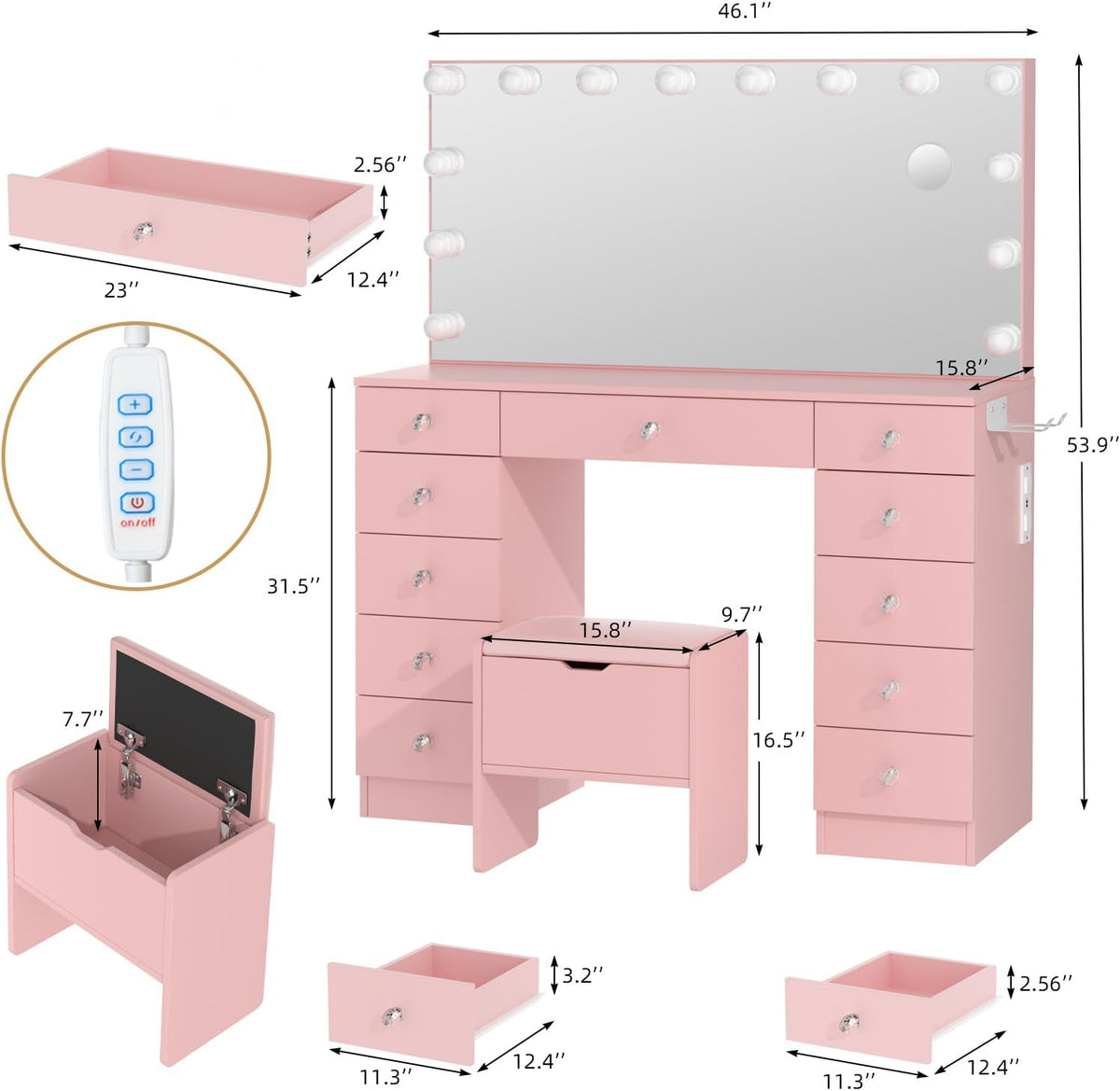 VOWNER Vanity with Lighted Mirror - Makeup Vanity Desk with Lights | Women Vanity with 11 Drawers, 3 Color Lighting Modes Adjustable Brightness, 46" Makeup Desk with Stool for Bedroom, Pink