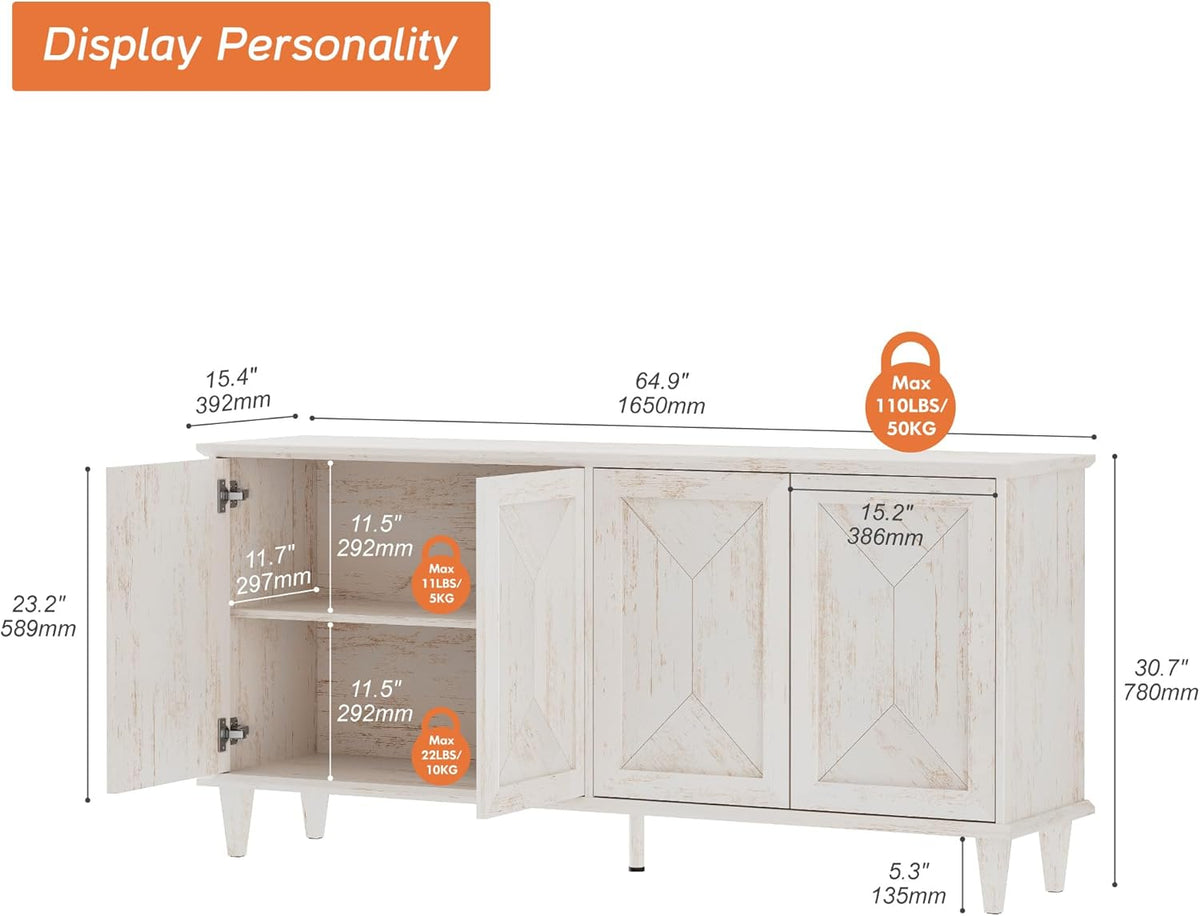 WAMPAT 65-inch Handcrafted Patchwork Decorative Buffet Cabinet with Pop-Up Design Doors,Full Unit Modern Farmhouse Accent Credenza for Coffee Bar, Kitchen, and Living Room, Pale Oak