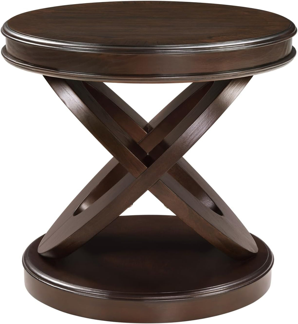 Retro Round Wooden End Table, Sofa Side Table with X-Shape Base for Living Room