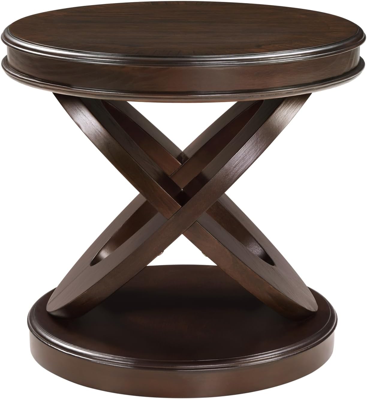 Retro Round Wooden End Table, Sofa Side Table with X-Shape Base for Living Room